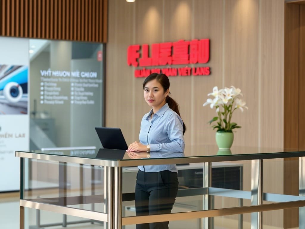 Người Việt bên quầy lễ tân bằng kính và kim loại.