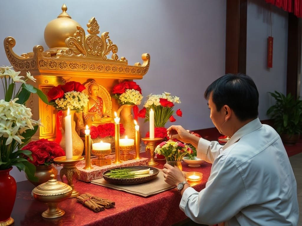 Người Việt đang sắp xếp lễ vật trên bàn thờ được trang trí đẹp đẽ