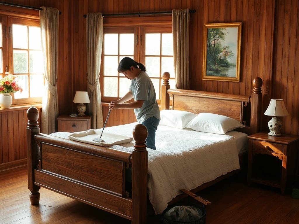 Người Việt đang vệ sinh khung giường gỗ trong phòng sáng.