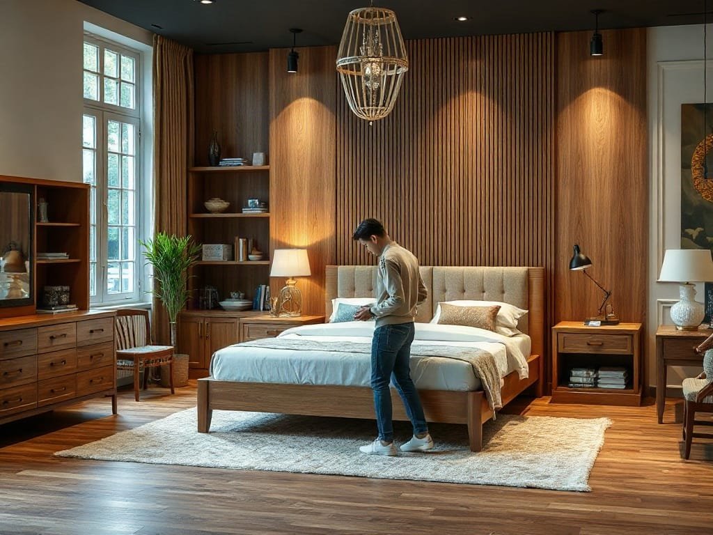Người Việt Nam chọn giường gỗ cao cấp mới ở cửa hàng nội thất