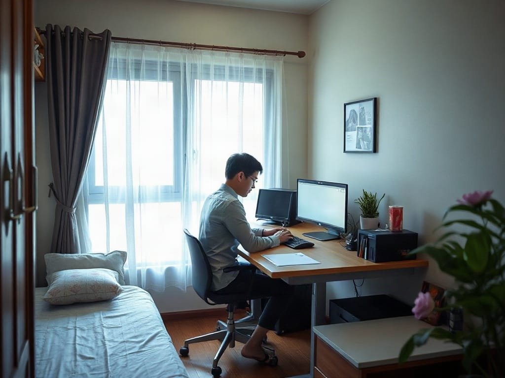 Người Việt Nam làm việc tại bàn đa chức năng trong phòng ngủ nhỏ.
