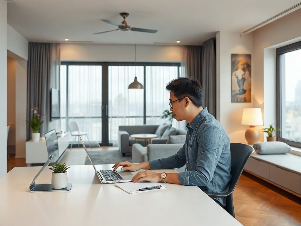 5 Lý Do Nên Dùng Bàn Làm Việc Thông Minh Cho Không Gian Hiện Đại Người Việt Nam làm việc tại bàn thông minh với góc nhìn nội thất hiện đại.
