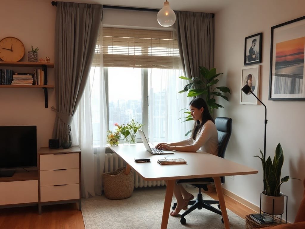 Người Việt Nam làm việc tại bàn tối giản trong căn hộ tiện nghi.