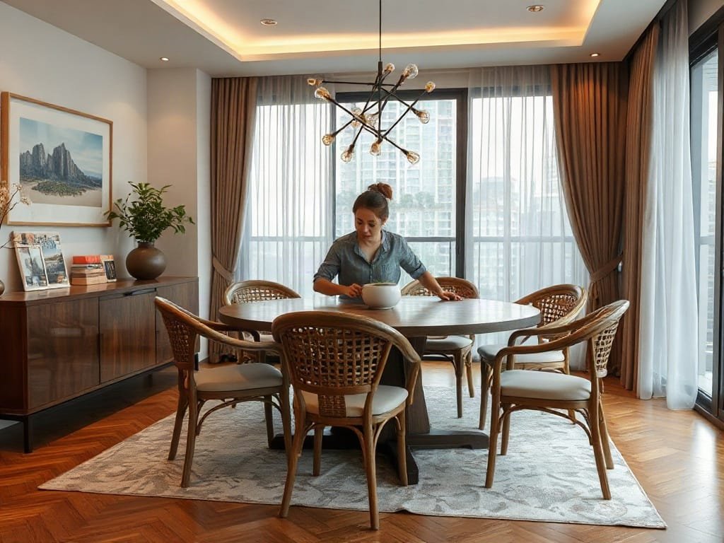 Người Việt Nam sắp xếp bàn ăn trong căn hộ cao cấp.