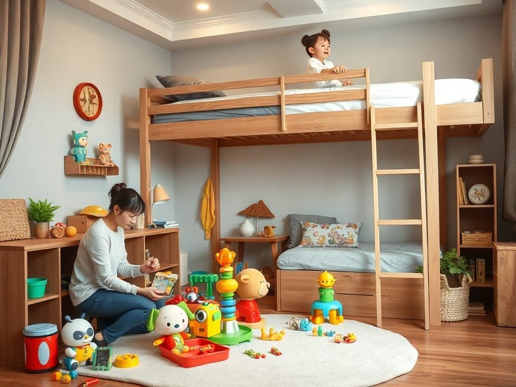 Người Việt Nam sắp xếp đồ chơi trẻ em trong phòng với giường tầng hiện đại.