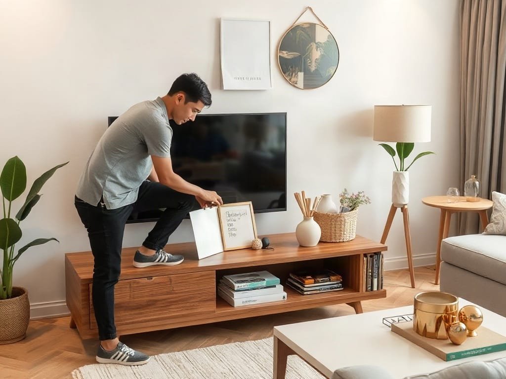8 Cách Sử Dụng Kệ Tivi Hiệu Quả Hơn Cho Không Gian Sống Người Việt Nam sắp xếp đồ trên kệ tivi trong phòng khách hiện đại.