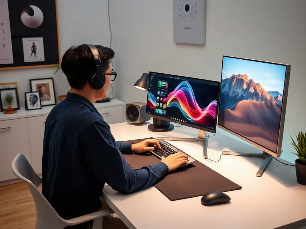 5 Lý Do Nên Dùng Bàn Làm Việc Thông Minh Cho Không Gian Hiện Đại Người Việt Nam thiết kế đồ họa trên bàn thông minh với hai màn hình.