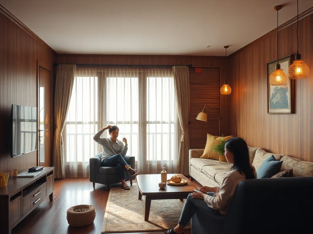 Khám Phá Gỗ Gụ Lào: Tinh Hoa Của Nội Thất Cao Cấp Người Việt Nam thư giãn trong phòng khách gỗ