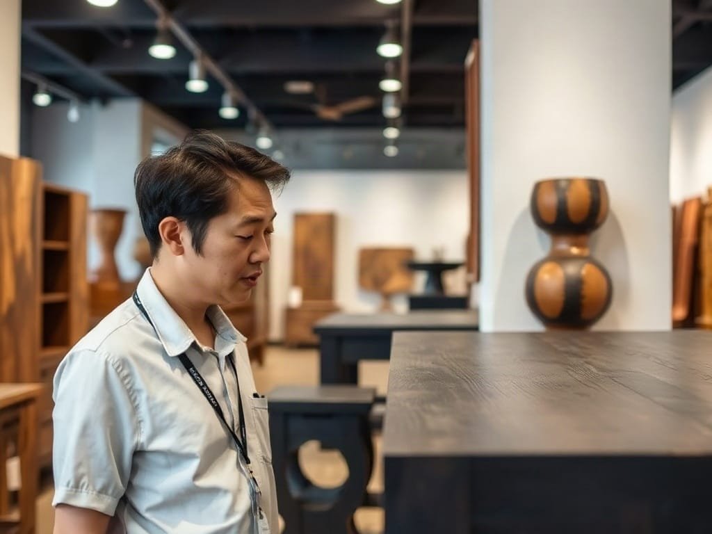 Khám Phá Chi Tiết: Gỗ Trắc Đen Là Gì? Người Việt Nam xem xét một miếng gỗ trắc đen tại phòng trưng bày.