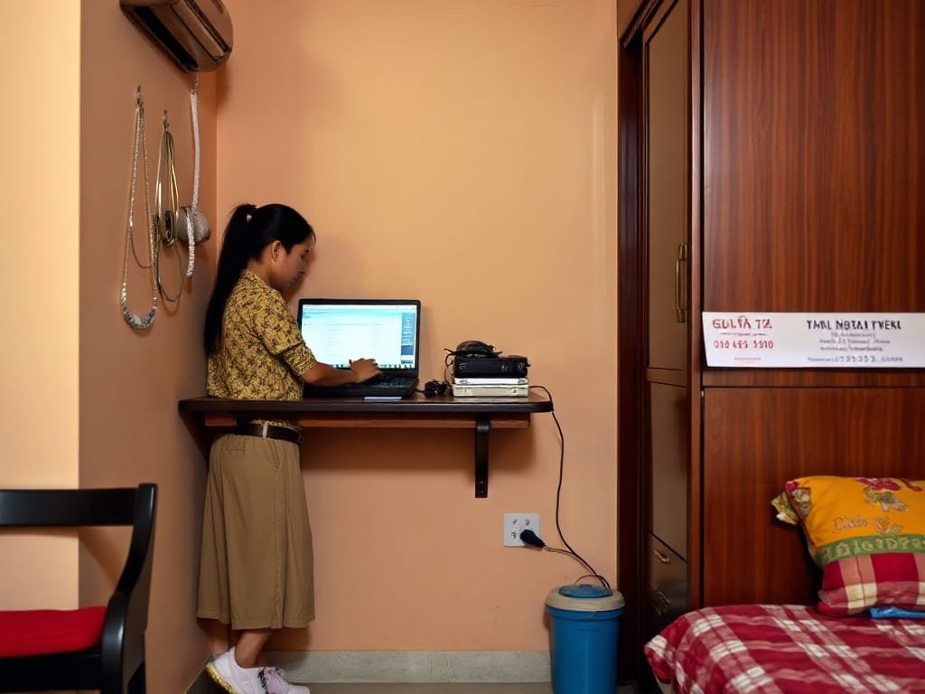 Người Việt tại bàn gắn tường trong phòng nhỏ.