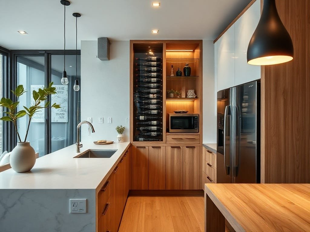 Nhà bếp hiện đại trong nhà tại đô thị Việt Nam với tủ rượu âm tường.