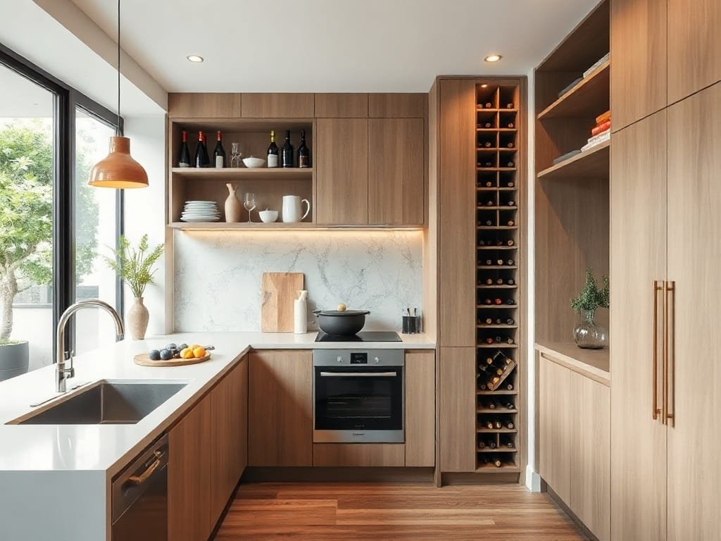 6 Mẹo Cải Thiện Tủ Rượu Phòng Chật Giúp Tối Ưu Không Gian Hiệu Quả Nhà bếp Việt Nam hiện đại với kho rượu tích hợp, tiết kiệm không gian.