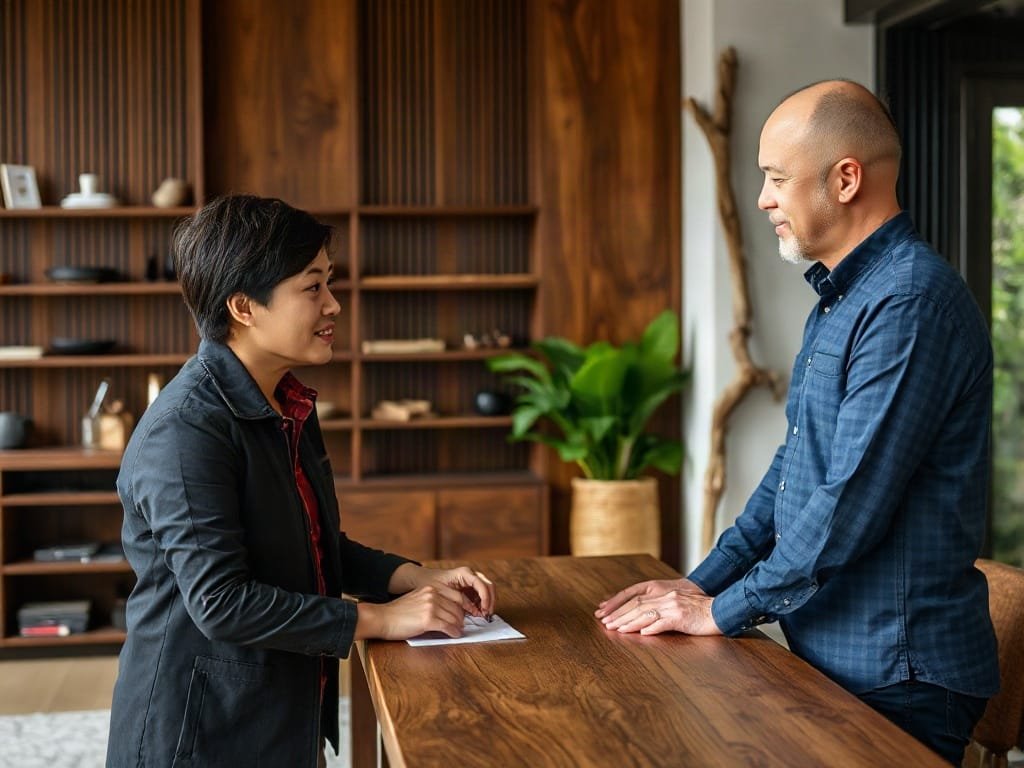 Khám Phá Chi Tiết: Gỗ Trắc Đen Là Gì? Nhà thiết kế Việt tư vấn cho khách hàng về lựa chọn gỗ trắc đen.