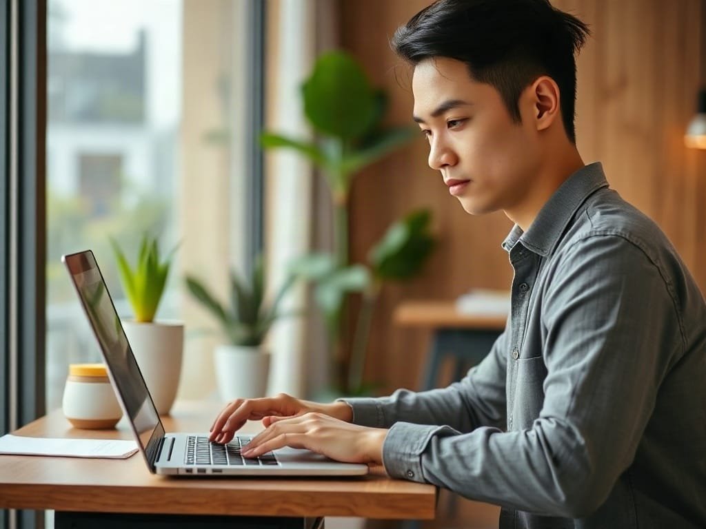 Nhân viên nam Việt Nam làm việc tại bàn đứng cùng laptop và tách cà phê