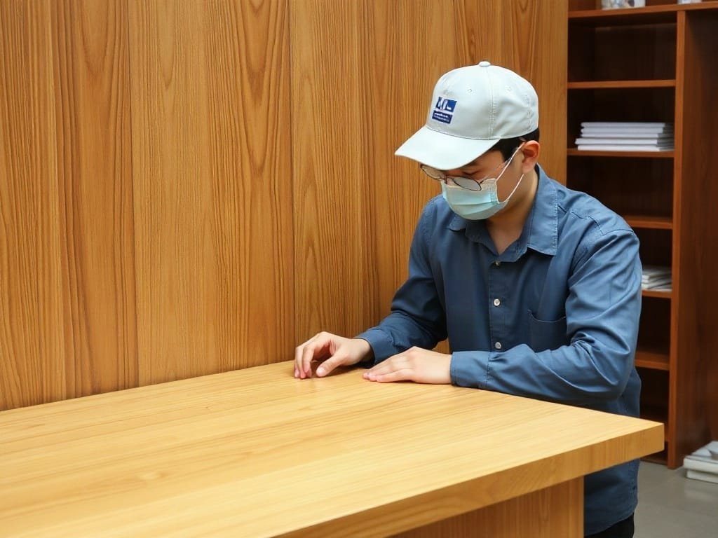 Nhân viên Việt Nam kiểm tra góc bàn gỗ