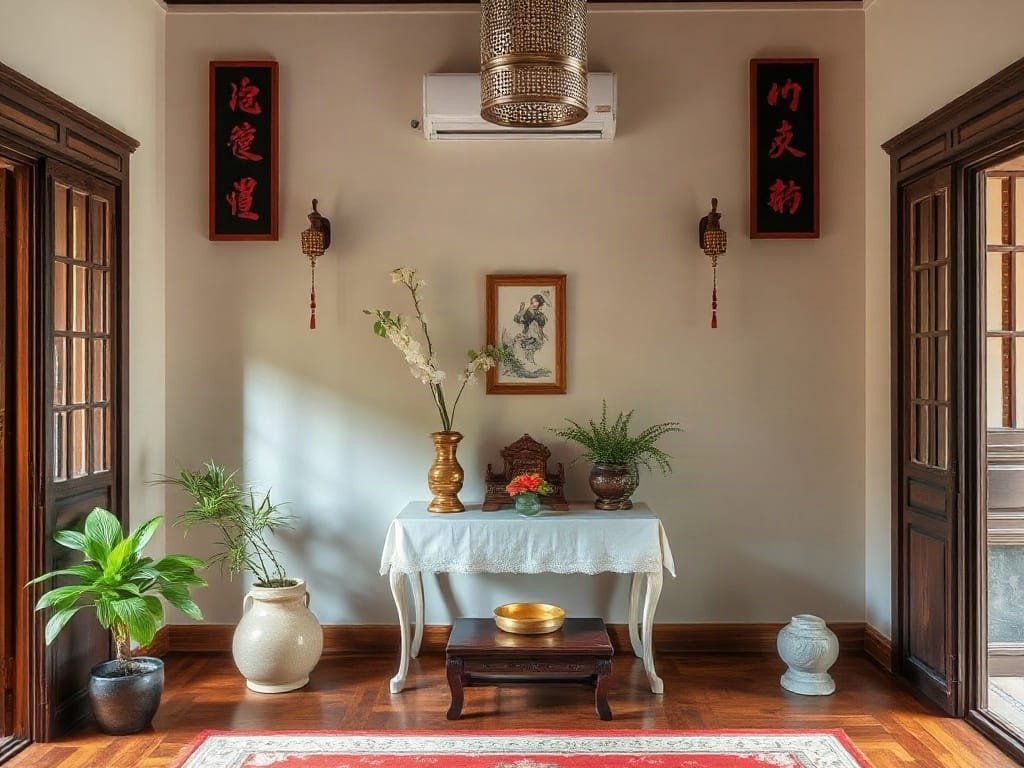 Nội thất nhà truyền thống Việt Nam với một bàn thờ nhỏ