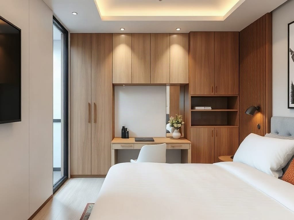 Nội thất phòng ngủ với bàn học hiện đại, nhỏ gọn.