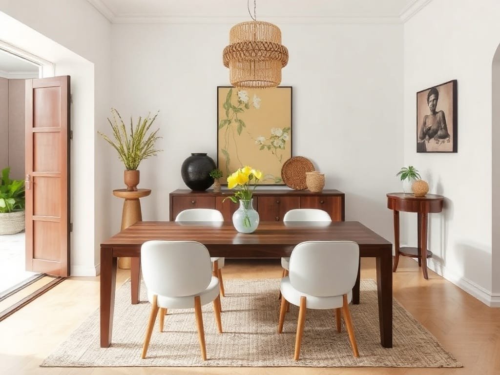 Phòng ăn phong cách Việt Nam với bàn gỗ kính và trang trí nghệ thuật.