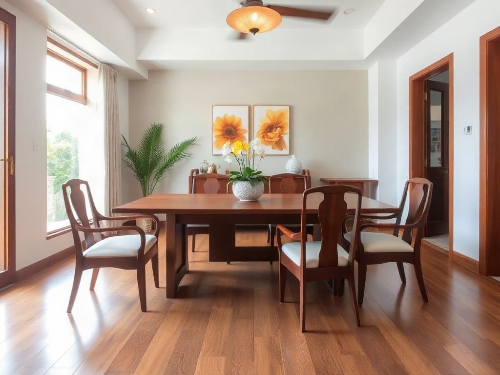 Phòng ăn phong cách Việt Nam với bộ bàn ăn gỗ 6 ghế.