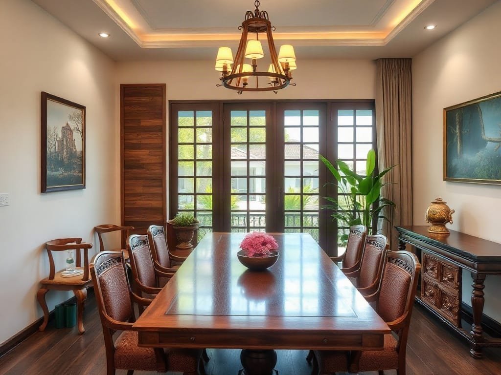 Phòng ăn Việt Nam thanh lịch với bàn và ghế gỗ đồng bộ.