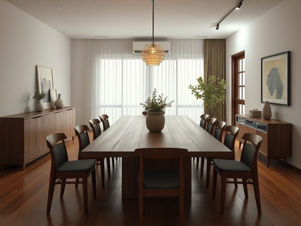 Phòng ăn Việt Nam tối giản với bàn ăn gỗ lớn.