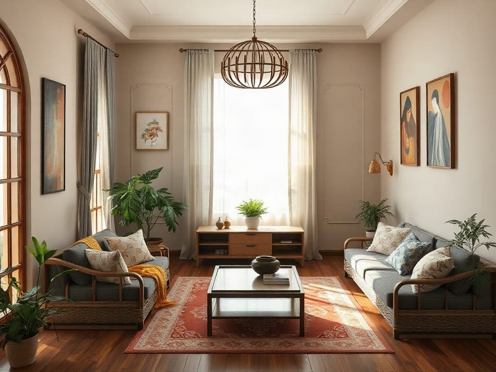 Phòng gia đình sáng sủa và thoải mái của người Việt với khu vực thờ cúng