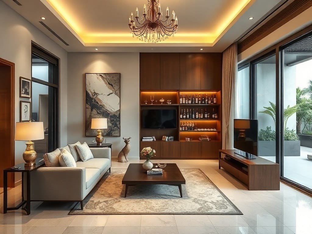 6 Mẹo Cải Thiện Tủ Rượu Phòng Chật Giúp Tối Ưu Không Gian Hiệu Quả Phòng khách biệt thự Việt Nam sang trọng với tủ rượu tiết kiệm không gian.