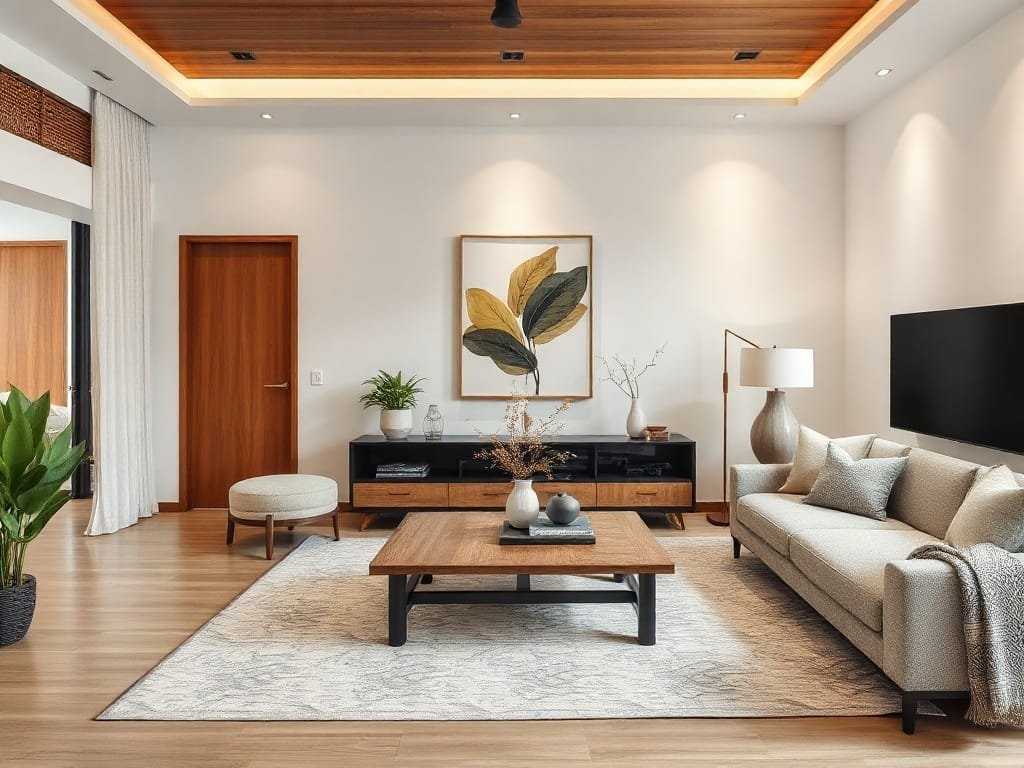 Phòng khách hiện đại với bàn cà phê gỗ Hương Xám