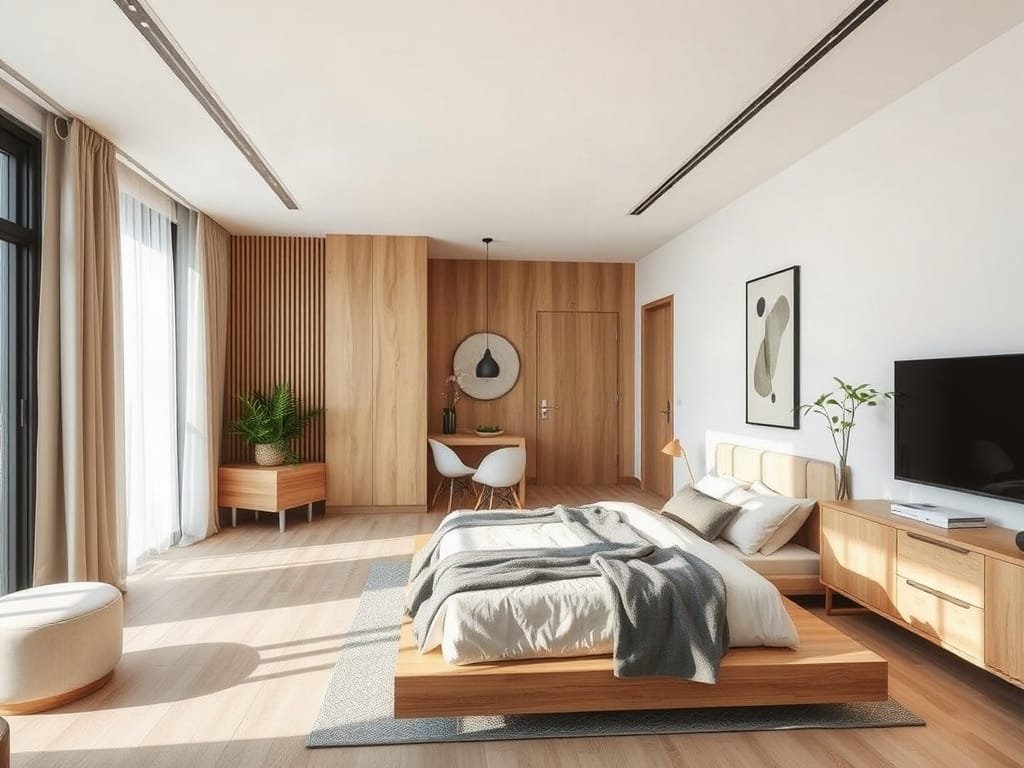 Phòng khách hiện đại với giường gỗ và thiết kế tối giản