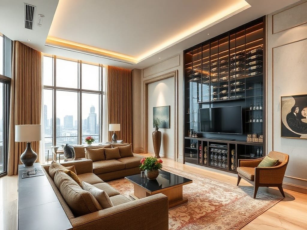 Phòng khách rộng rãi trong căn hộ Penthouse Việt Nam với tủ rượu lớn thanh lịch.