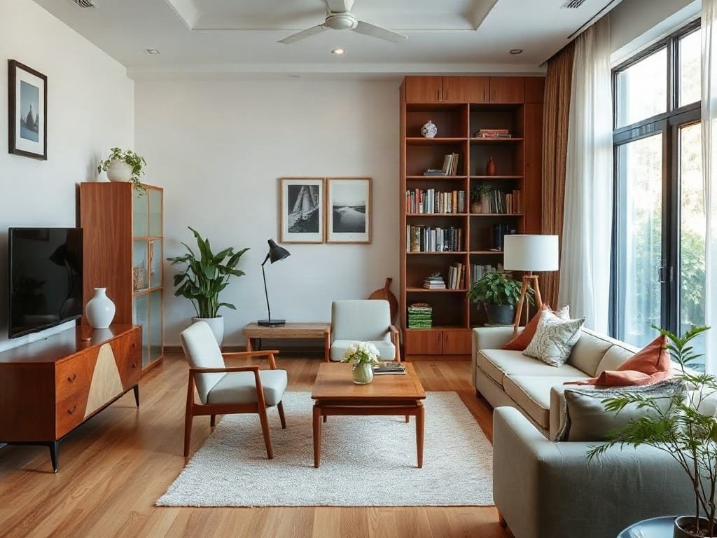 Phòng khách rộng rãi với bàn và kệ sách gỗ tại Việt Nam