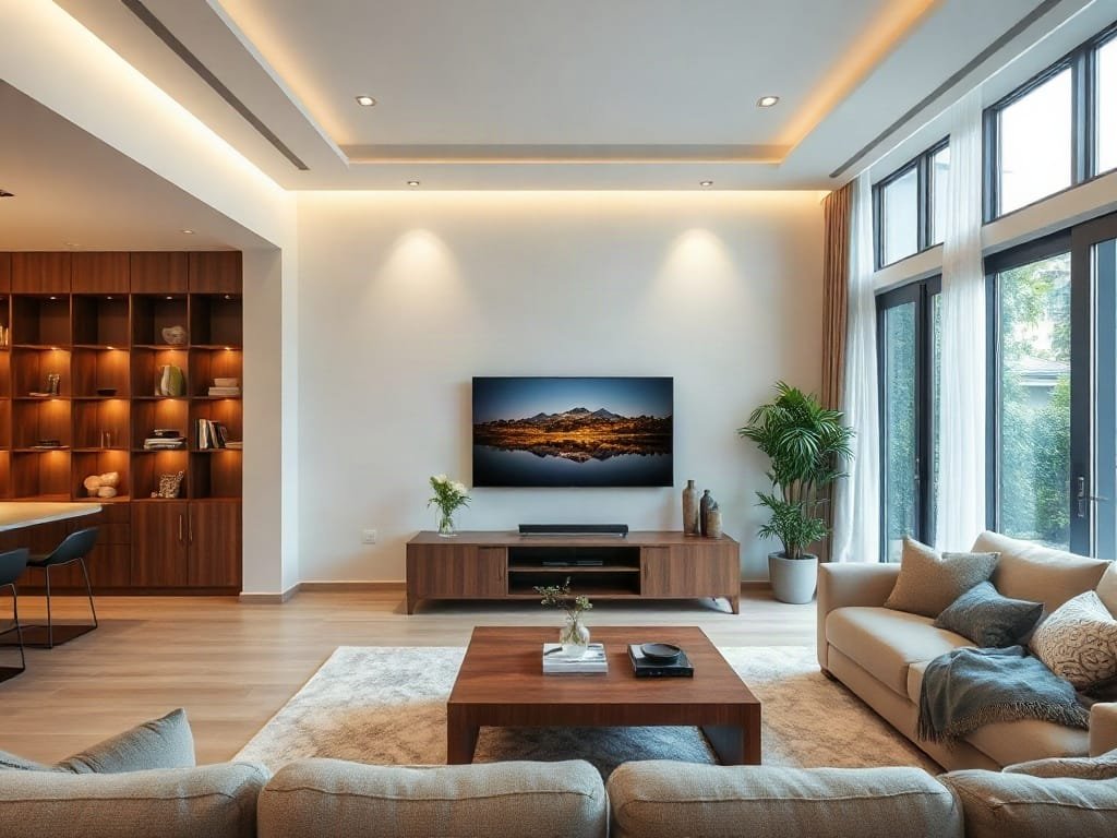 8 Cách Sử Dụng Kệ Tivi Hiệu Quả Hơn Cho Không Gian Sống Phòng khách rộng rãi với kệ tivi tối giản trong gia đình Việt.