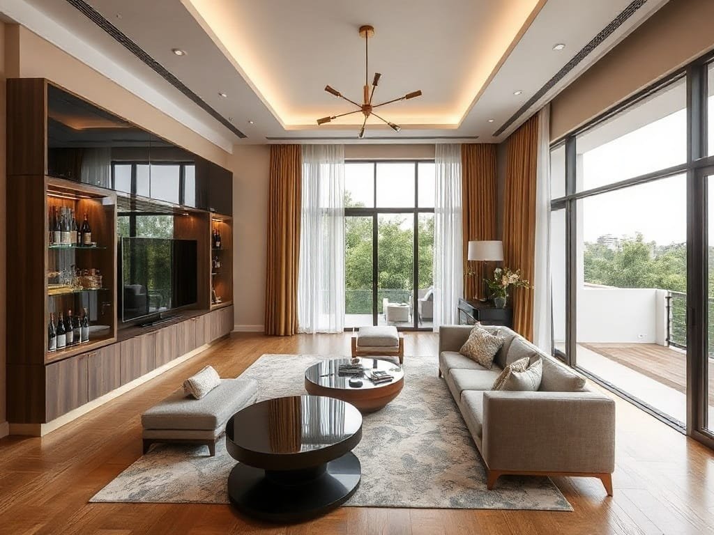Phòng khách sang trọng Việt với tủ rượu kính phong cách.