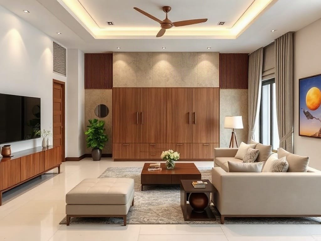 Phòng khách trong nhà Việt xa hoa có tủ hợp phong thủy.