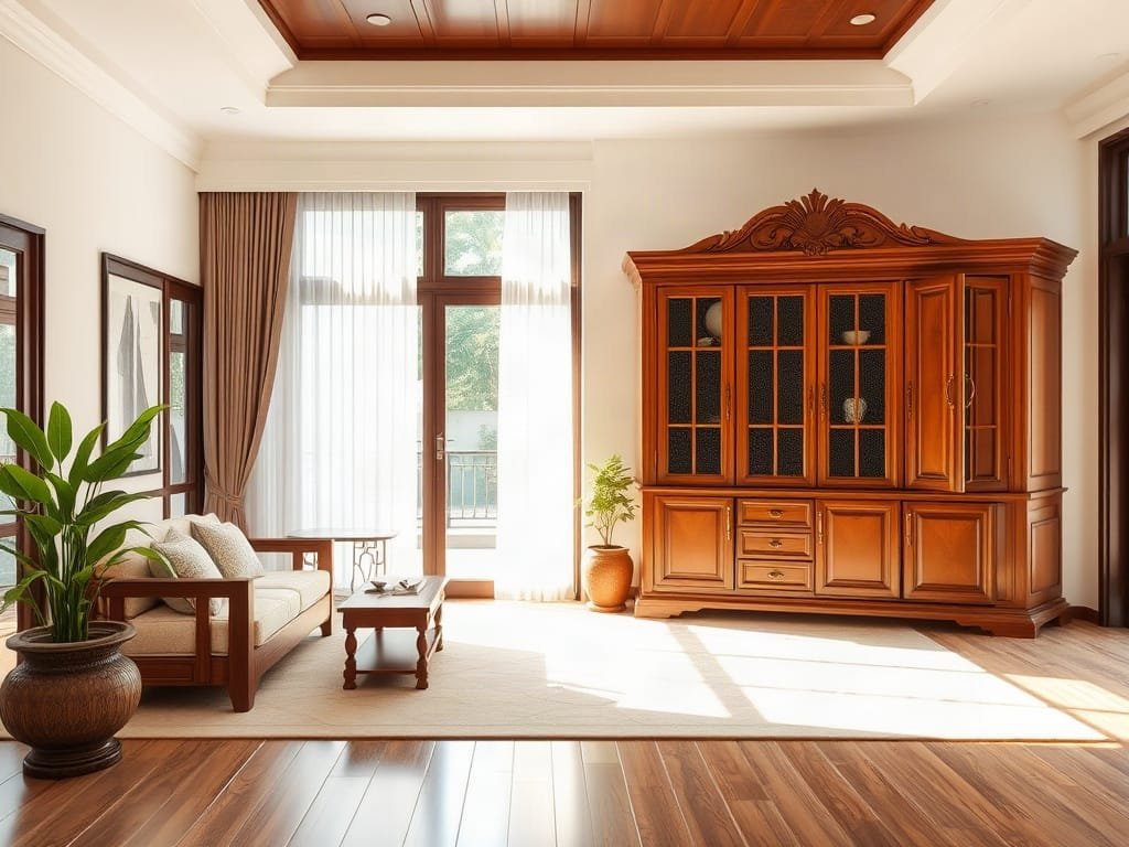 Phòng khách Việt Nam với tủ gỗ lớn màu sắc may mắn.