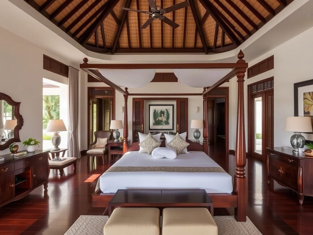 Phòng ngủ biệt thự rộng rãi với giường gỗ sang trọng