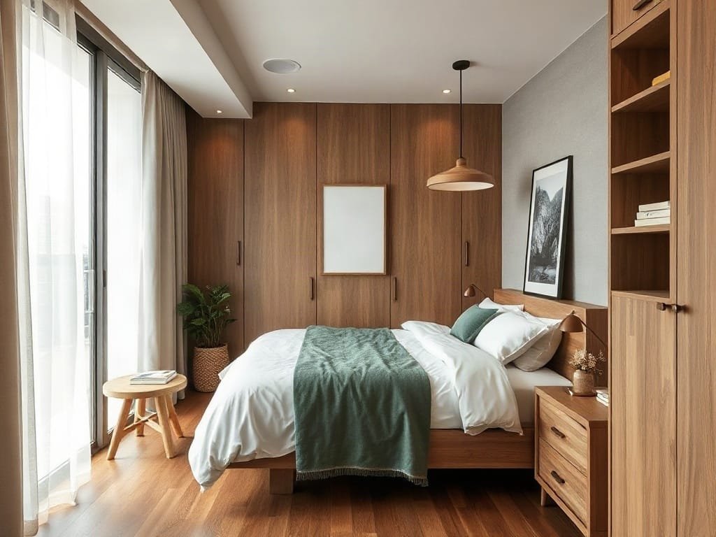 Phòng ngủ căn hộ đô thị nhỏ gọn với giường gỗ và thiết kế tiết kiệm không gian