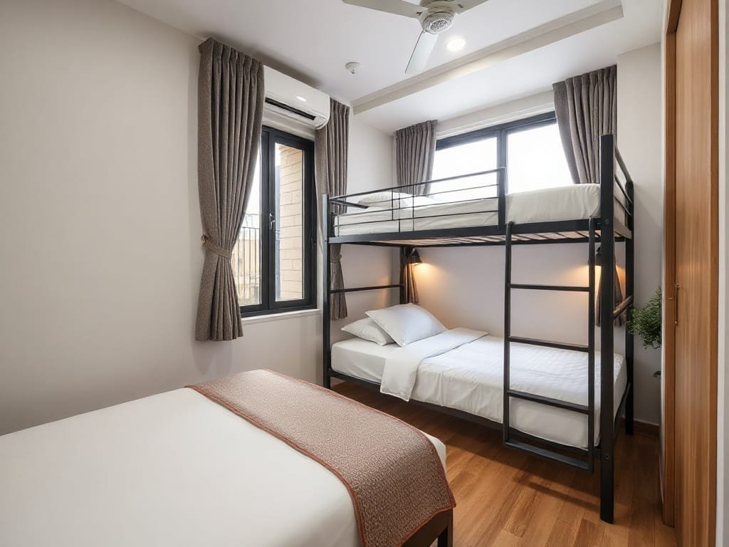 Phòng ngủ căn hộ thành phố hiện đại Việt Nam với giường tầng gọn gàng.