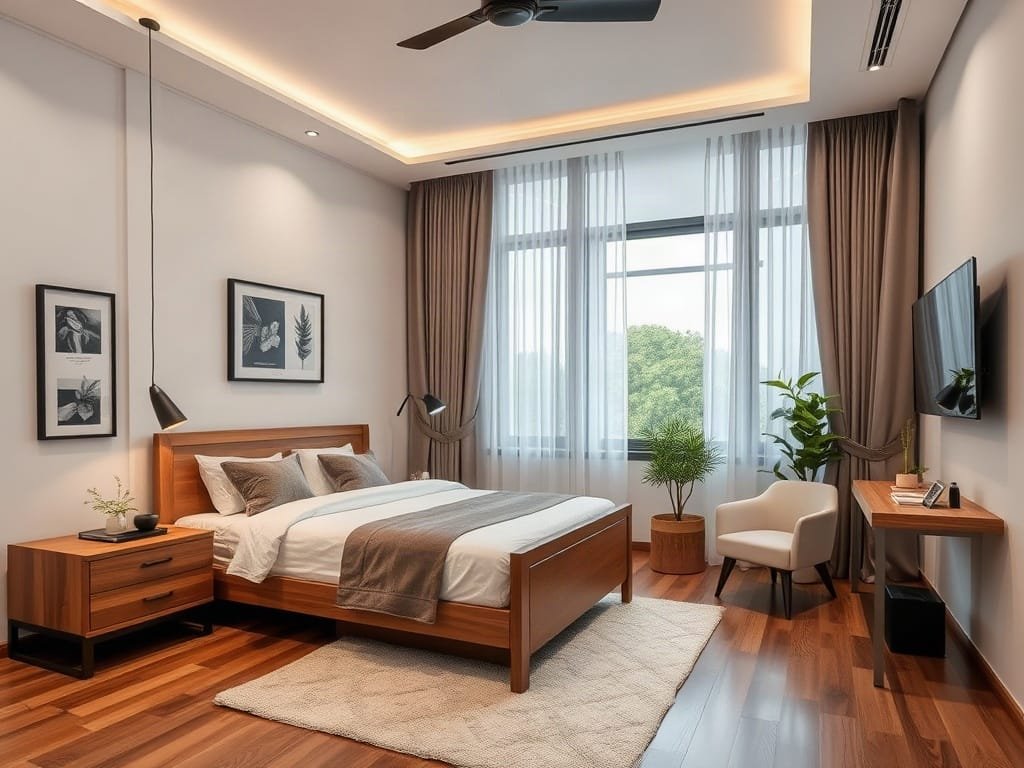 Phòng ngủ phong cách ở nhà Việt Nam với giường gỗ hiện đại