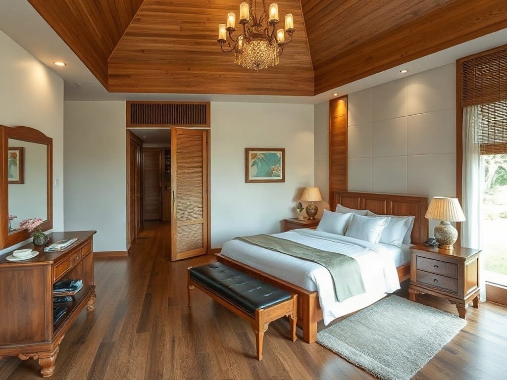 Phòng ngủ sang trọng Việt Nam với đồ gỗ tự nhiên.