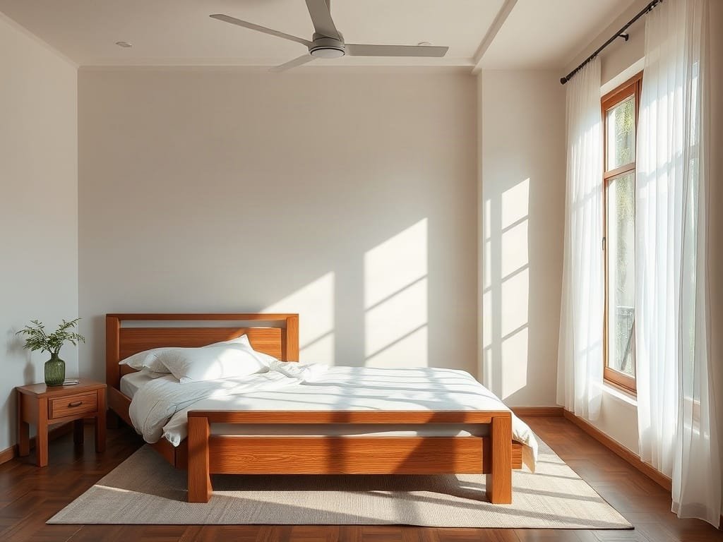 Phòng ngủ Việt Nam sáng và thoáng với giường gỗ tự nhiên