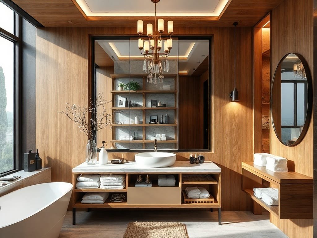 Phòng tắm sang trọng với các chi tiết gỗ Hương Xám