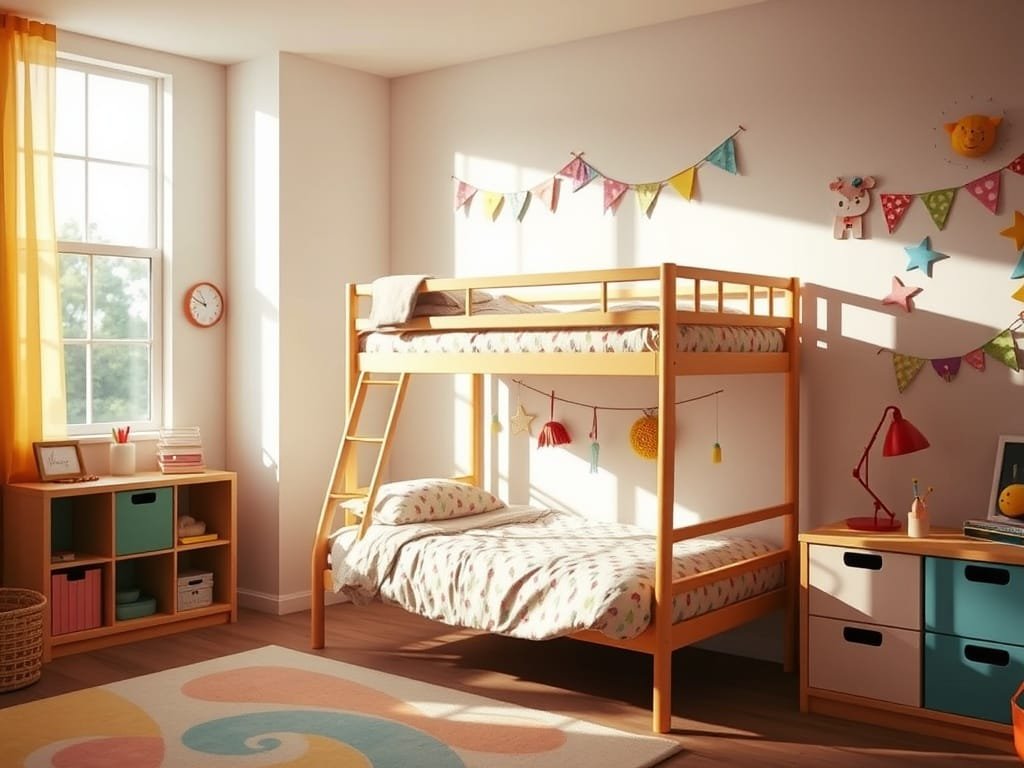 Phòng trẻ em ánh sáng tự nhiên ấm áp với giường tầng màu sắc và trang trí.