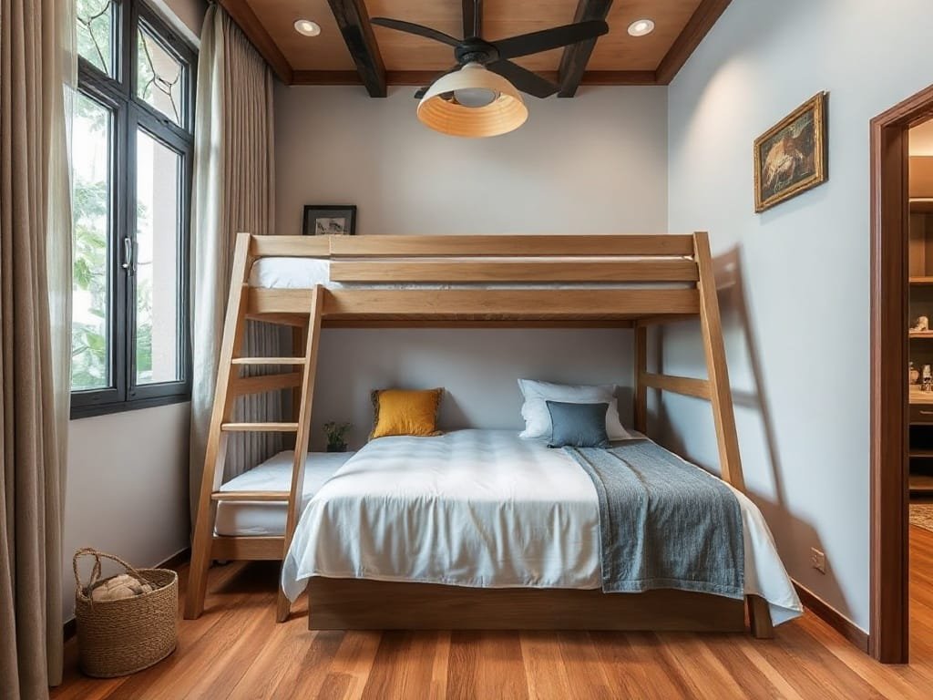 Phòng trẻ em biệt thự đô thị Việt Nam với thiết kế giường tầng tiết kiệm diện tích.