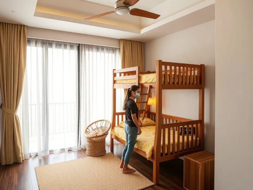Phòng trẻ em biệt thự sang trọng với giường tầng gỗ và người Việt Nam.