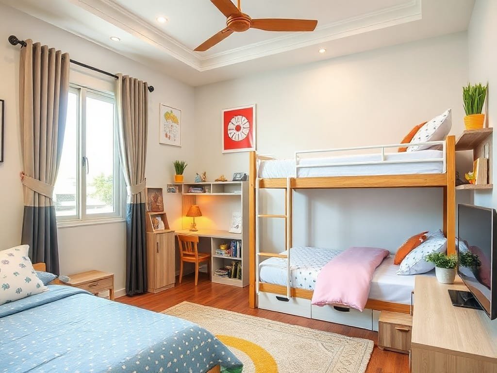 Phòng trẻ em hiện đại với các yếu tố vui tươi và giường tầng chắc chắn trong ngôi nhà Việt Nam.