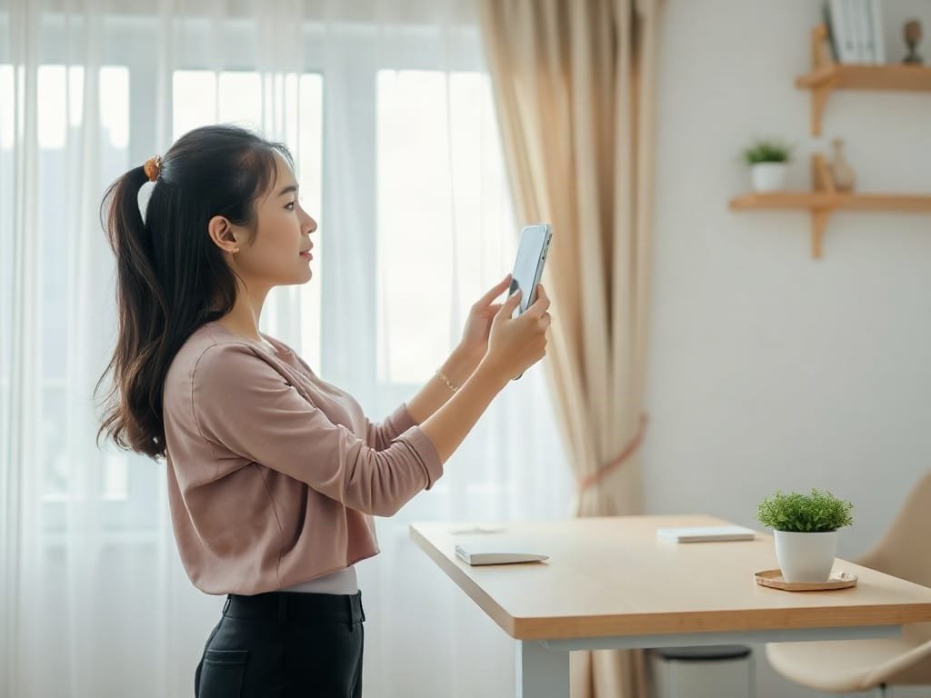 Phụ nữ Việt Nam điều chỉnh độ cao bàn đứng trong căn hộ sáng sủa, ấm cúng