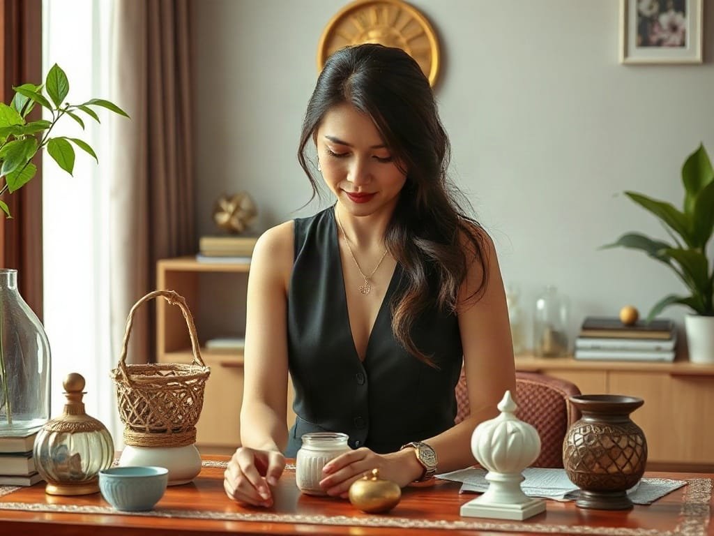 Phụ nữ Việt Nam sắp xếp đồ vật phong thủy trên bàn.