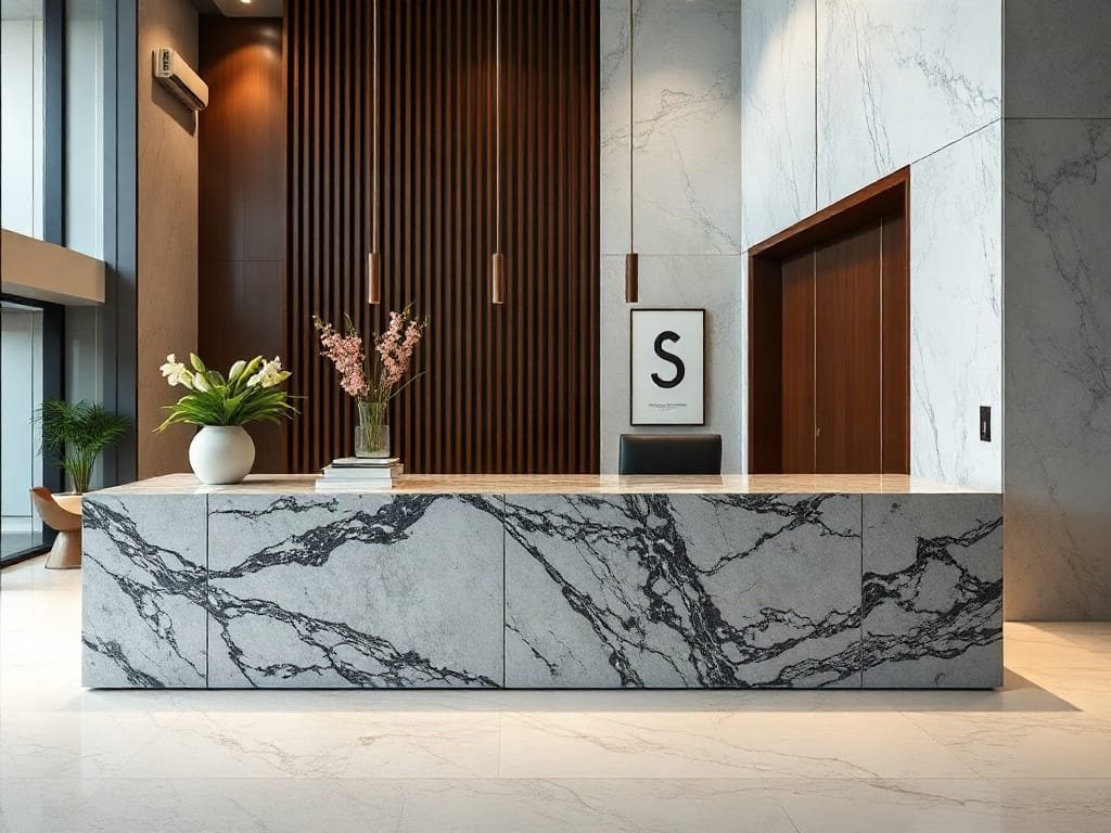 Quầy lễ tân đá granite bóng bẩy trong văn phòng công ty Việt Nam.