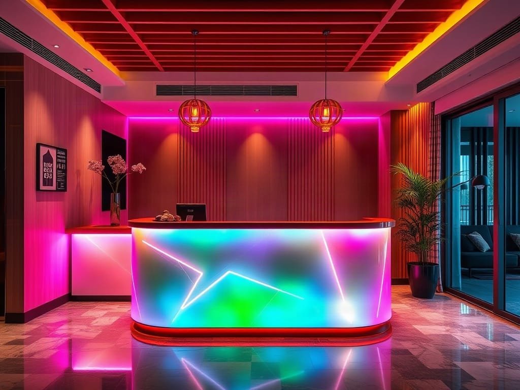 Quầy lễ tân đa sắc màu với đèn LED trong căn hộ Việt Nam.